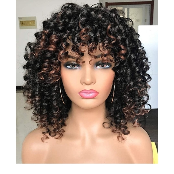 NWT curly Wigs Black with Warm Brown Highlights 